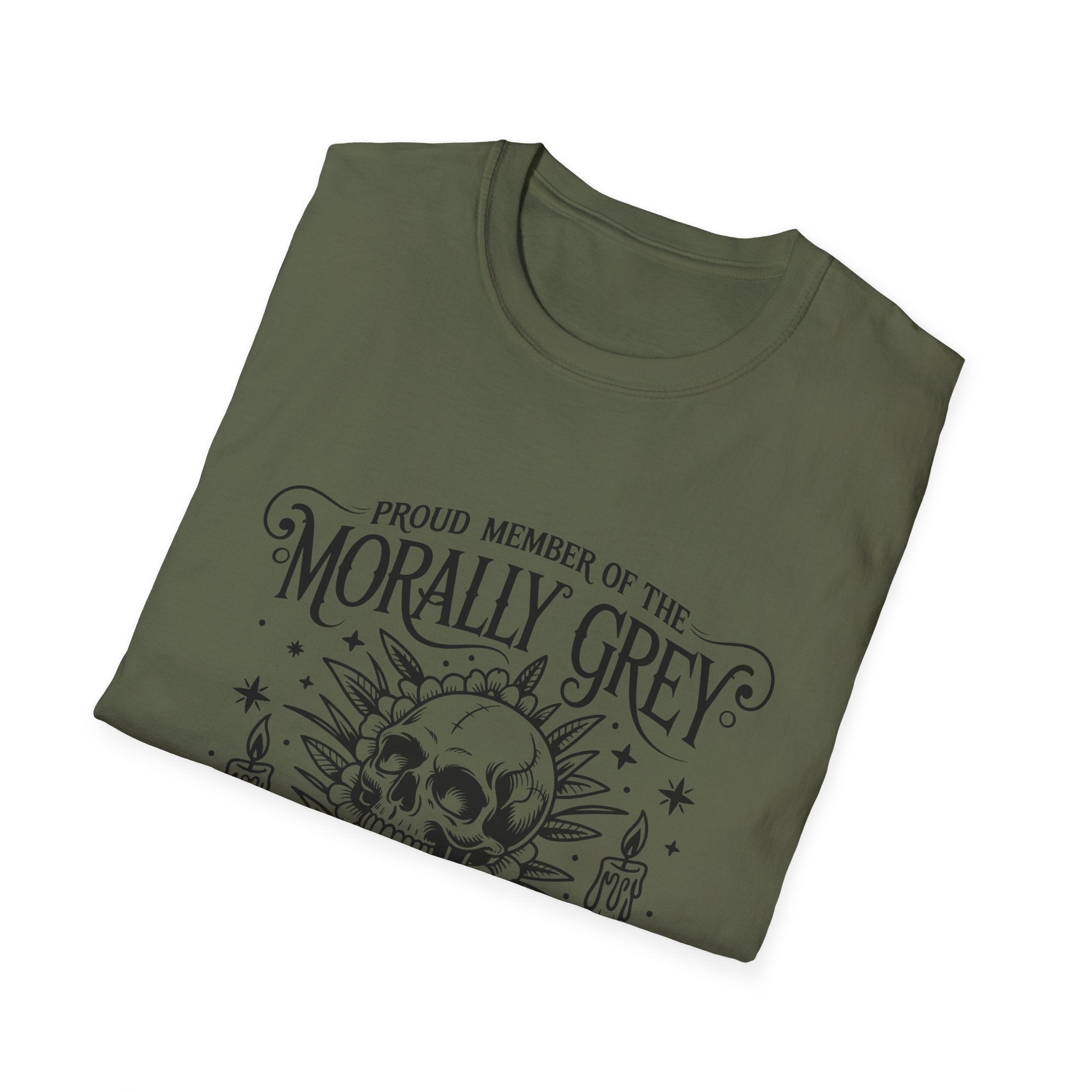 Morally Grey Book Club T-Shirt — Gothic Skull & Candle Literary Tee