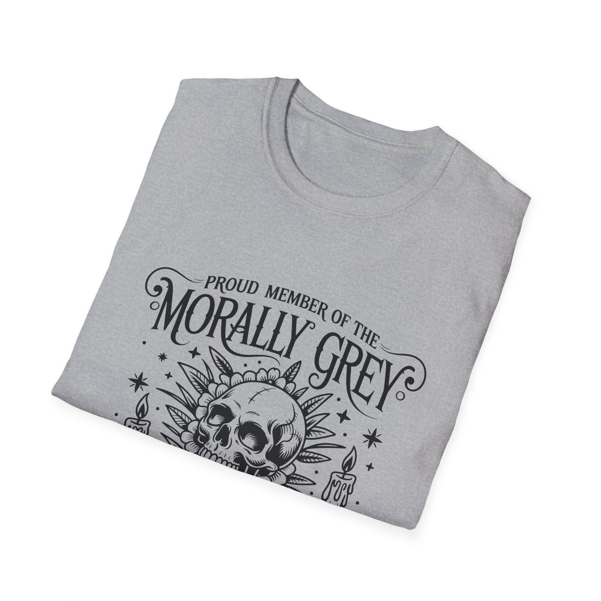 Morally Grey Book Club T-Shirt — Gothic Skull & Candle Literary Tee