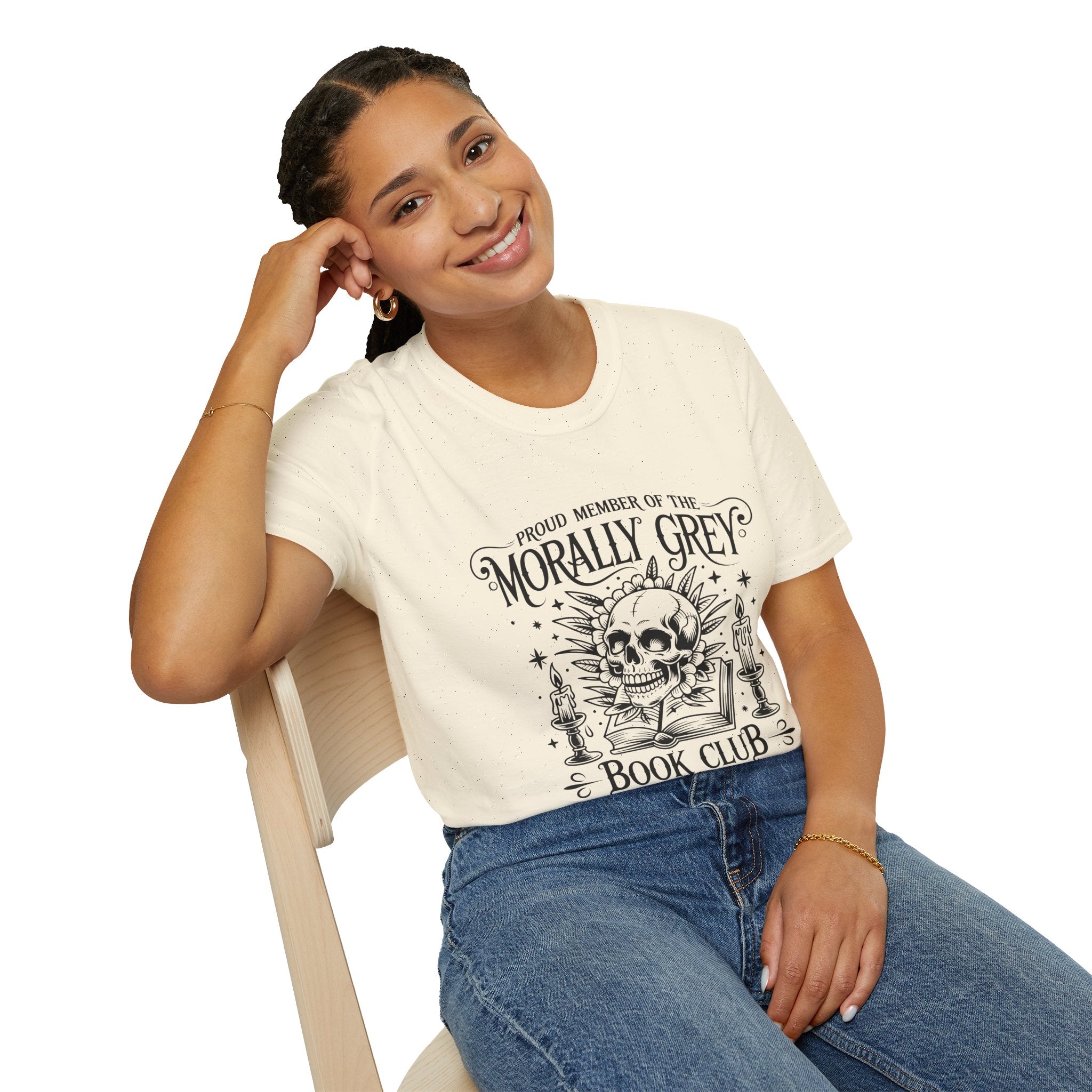 Morally Grey Book Club T-Shirt — Gothic Skull & Candle Literary Tee