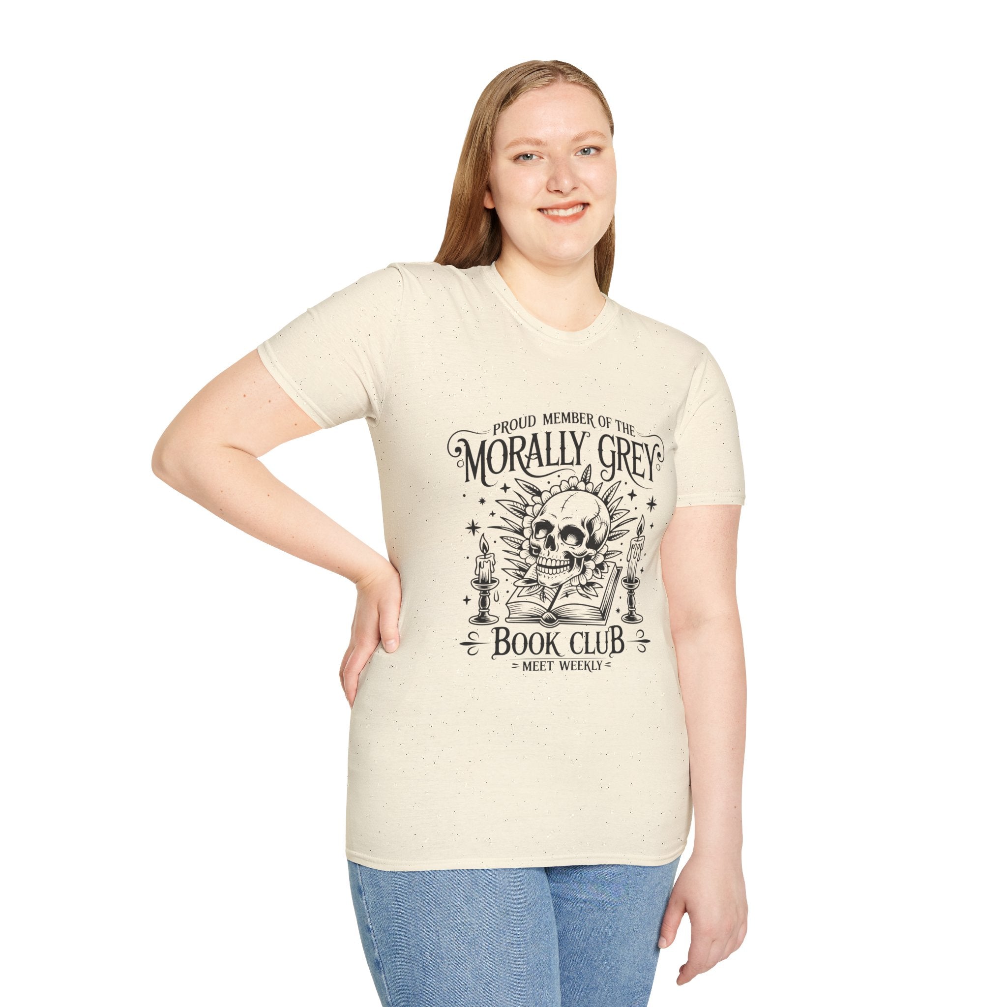 Morally Grey Book Club T-Shirt — Gothic Skull & Candle Literary Tee