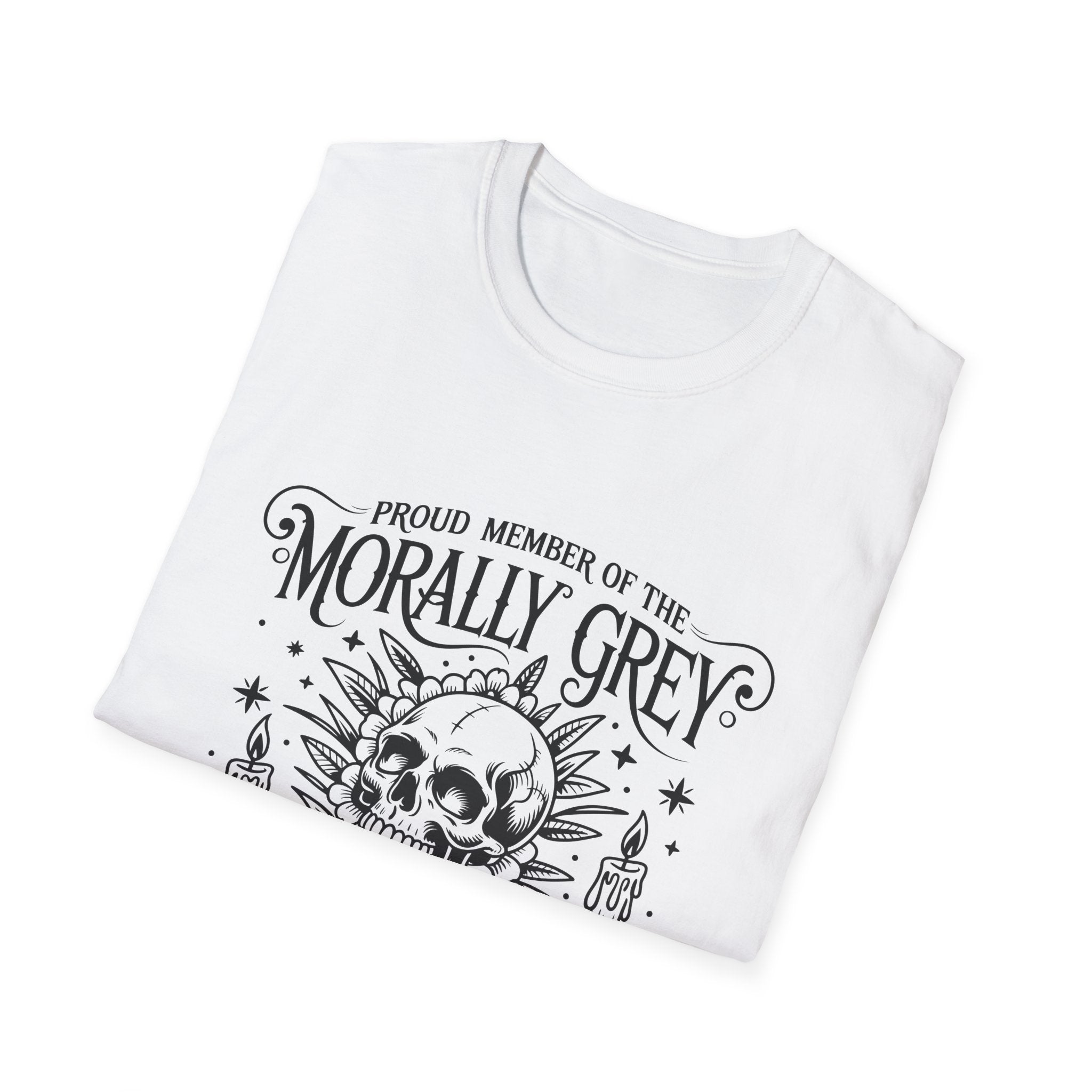 Morally Grey Book Club T-Shirt — Gothic Skull & Candle Literary Tee