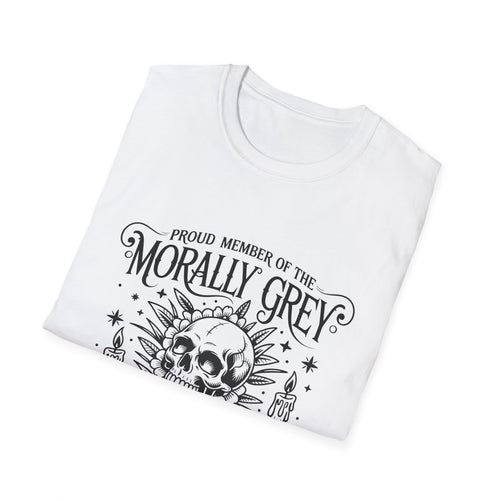 Morally Grey Book Club T-Shirt — Gothic Skull & Candle Literary Tee