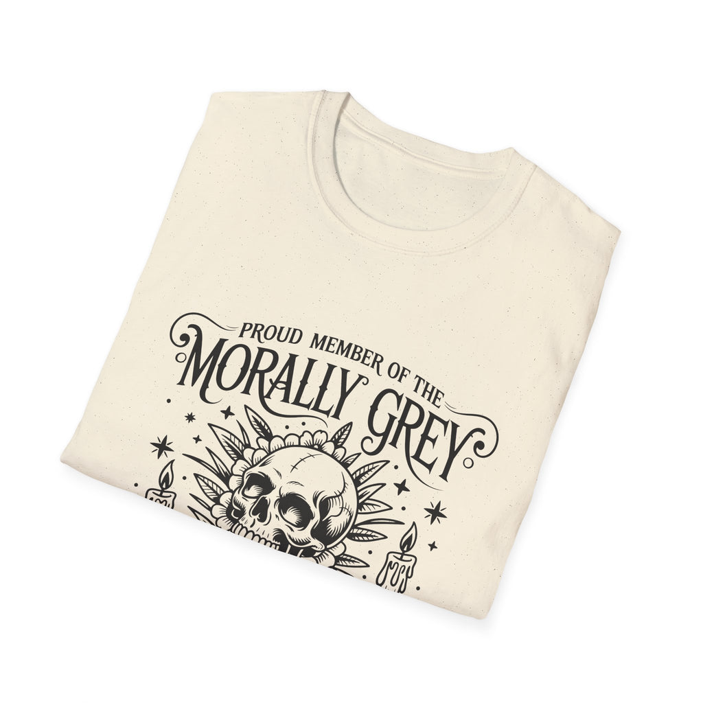 Morally Grey Book Club T-Shirt — Gothic Skull & Candle Literary Tee