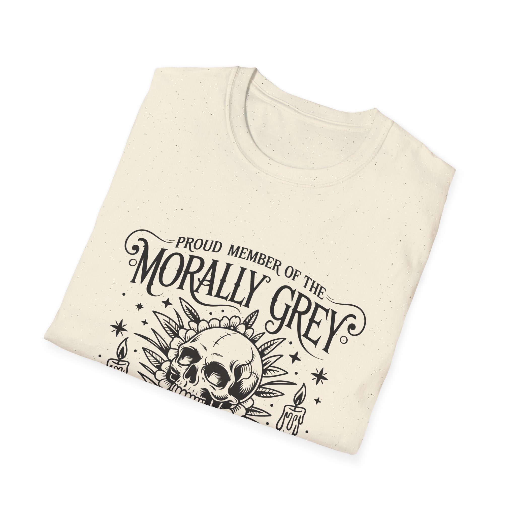 Morally Grey Book Club T-Shirt — Gothic Skull & Candle Literary Tee